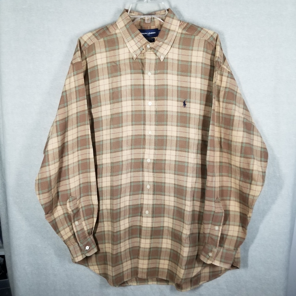 Ralph Lauren Golf Mens Large Shirt Long Sleeve‎ Button Down Brown Plaid Tilden